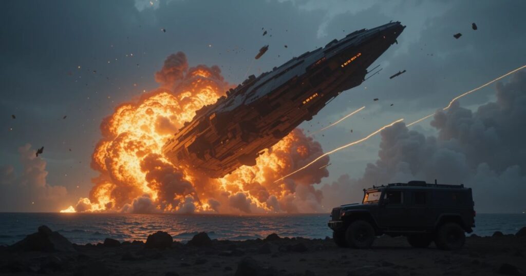 SpaceX Starship Flight 8 explosion 2025, debris over ocean, Cybertruck in shadow.