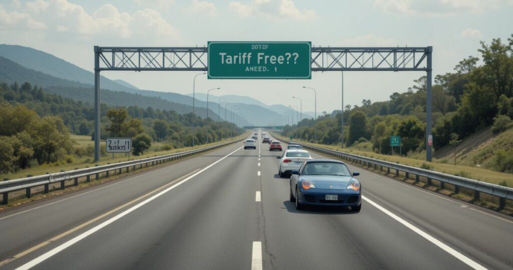 Tariff delay car future 2027, EV and classic mix, uncertain prices on highway.