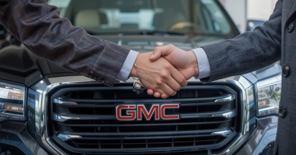 Tariff delay car tips 2025, buyer snagging deal, GMC truck at dealership.