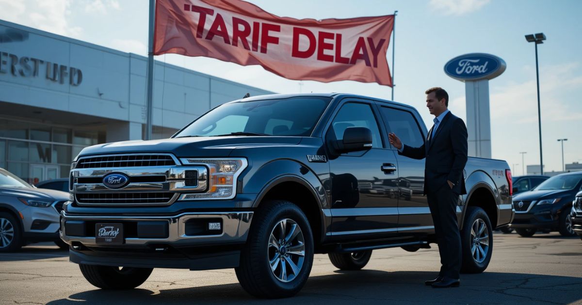 Trump tariff delay 2025, auto industry relief, Ford truck at dealership with CEOs.