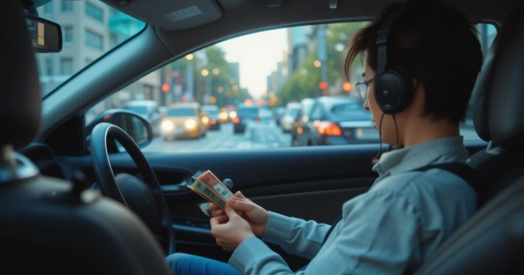 Cybercab dodging traffic, gig worker counting cash.