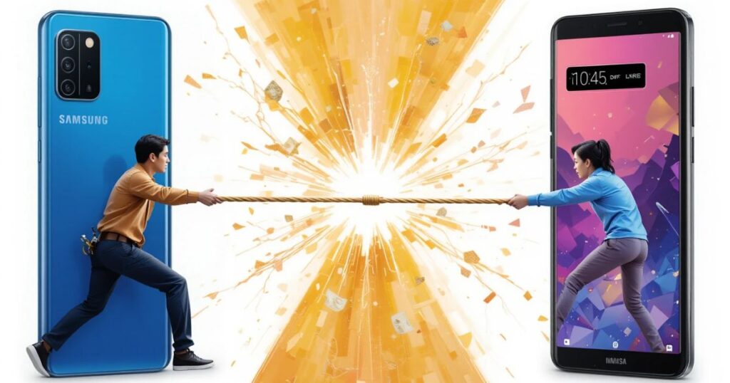 A tug-of-war—Samsung XR pulling gig workers, Vision Pro tugging cash.