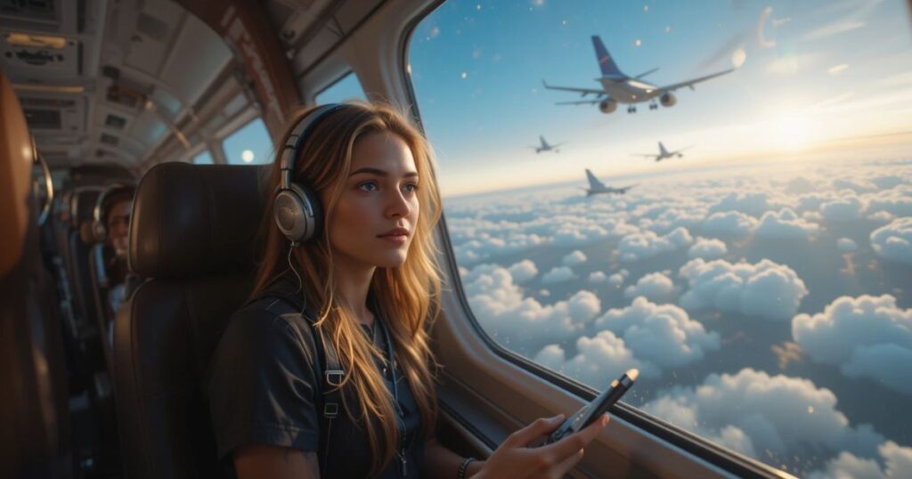 A freelancer on a plane, Starlink satellites above, old Wi-Fi crashing below.