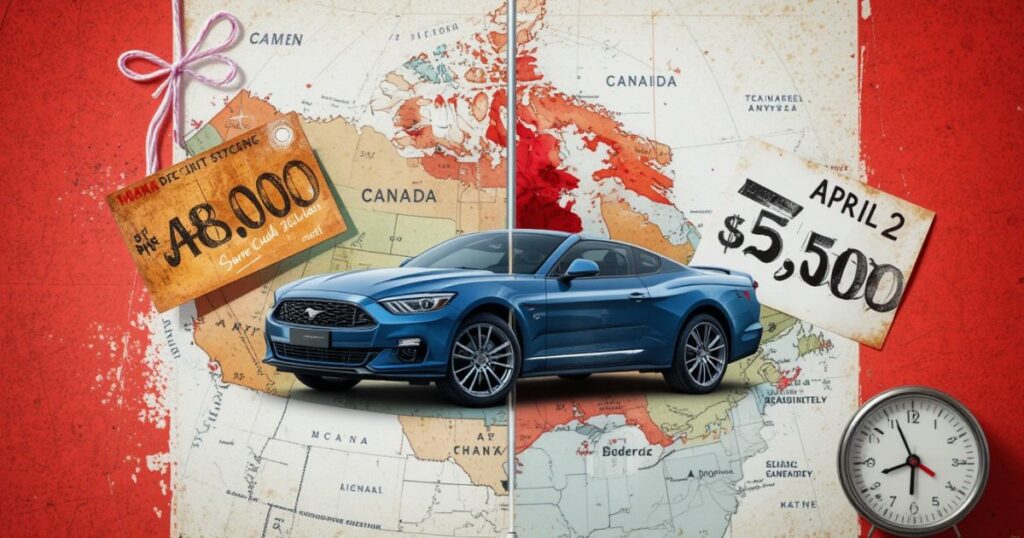 Trump tariff delay 2025 impact, car price comparison, U.S.-Canada trade map.