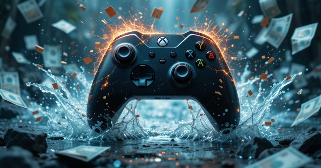 An Xbox controller sparking mid-stream, then steady, cash flowing.