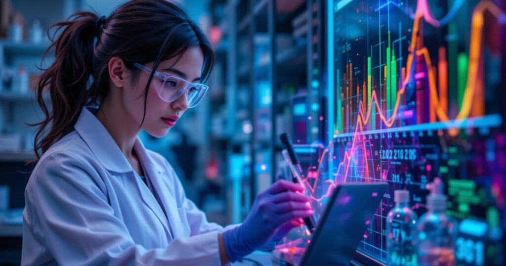 Women STEM shift 2025, scientist with job stats, IWD and bias backdrop.
