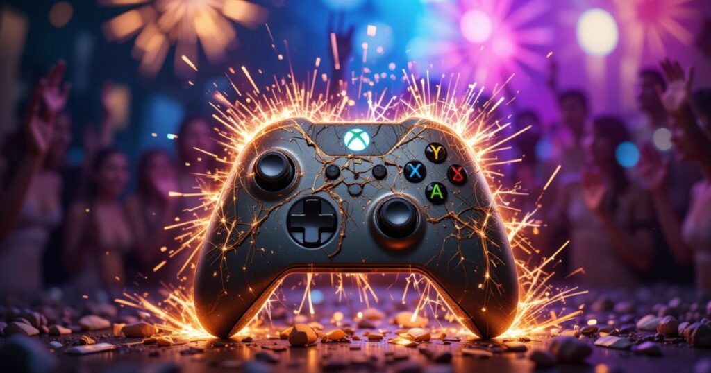 A glitched Xbox controller sparking, then glowing fixed, streamers cheering.