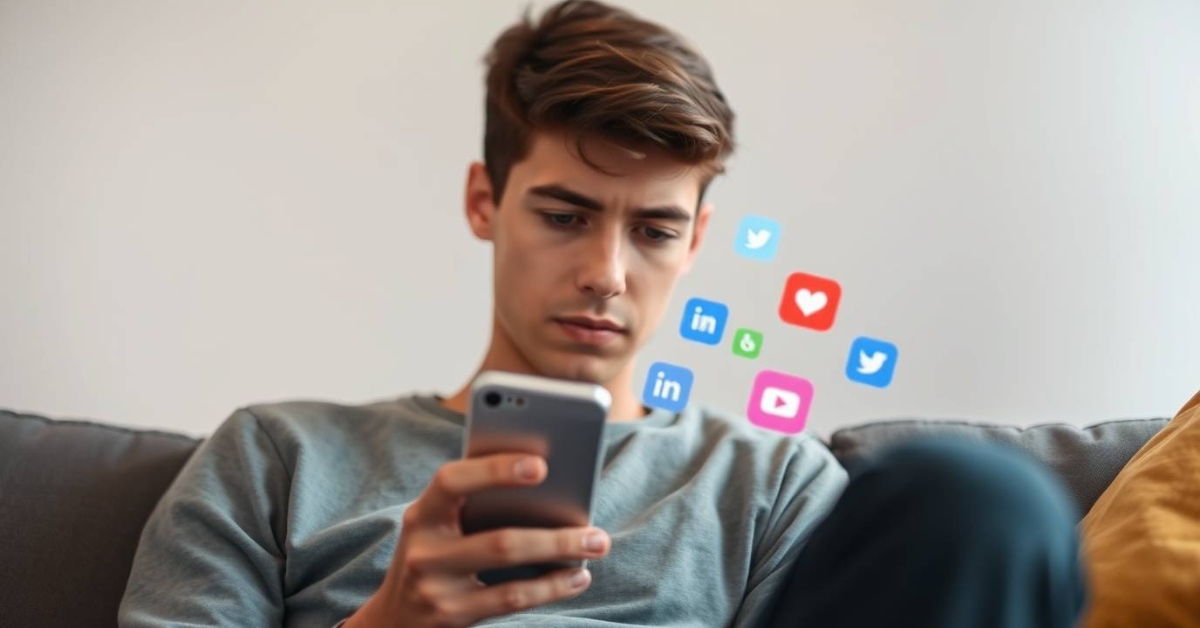 Young adult looking stressed while using smartphone, surrounded by social media icons, representing digital anxiety in the USA in 2025.