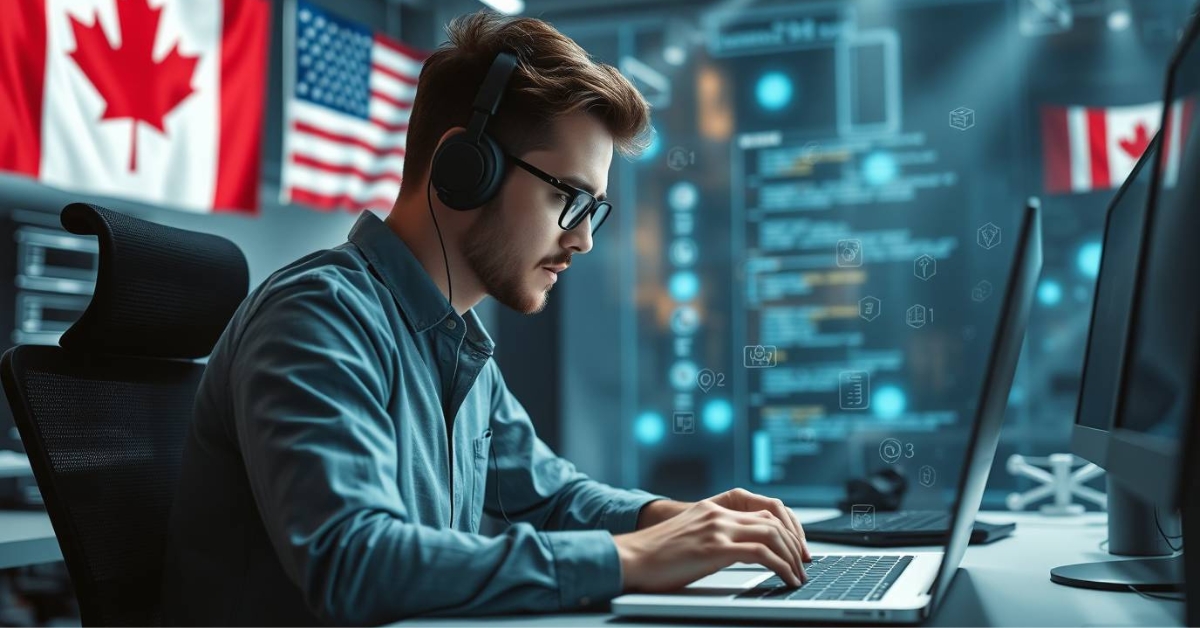 Developer working on a laptop with AI coding interface and digital icons, representing top AI coding tools used in the USA and Canada in 2025.
